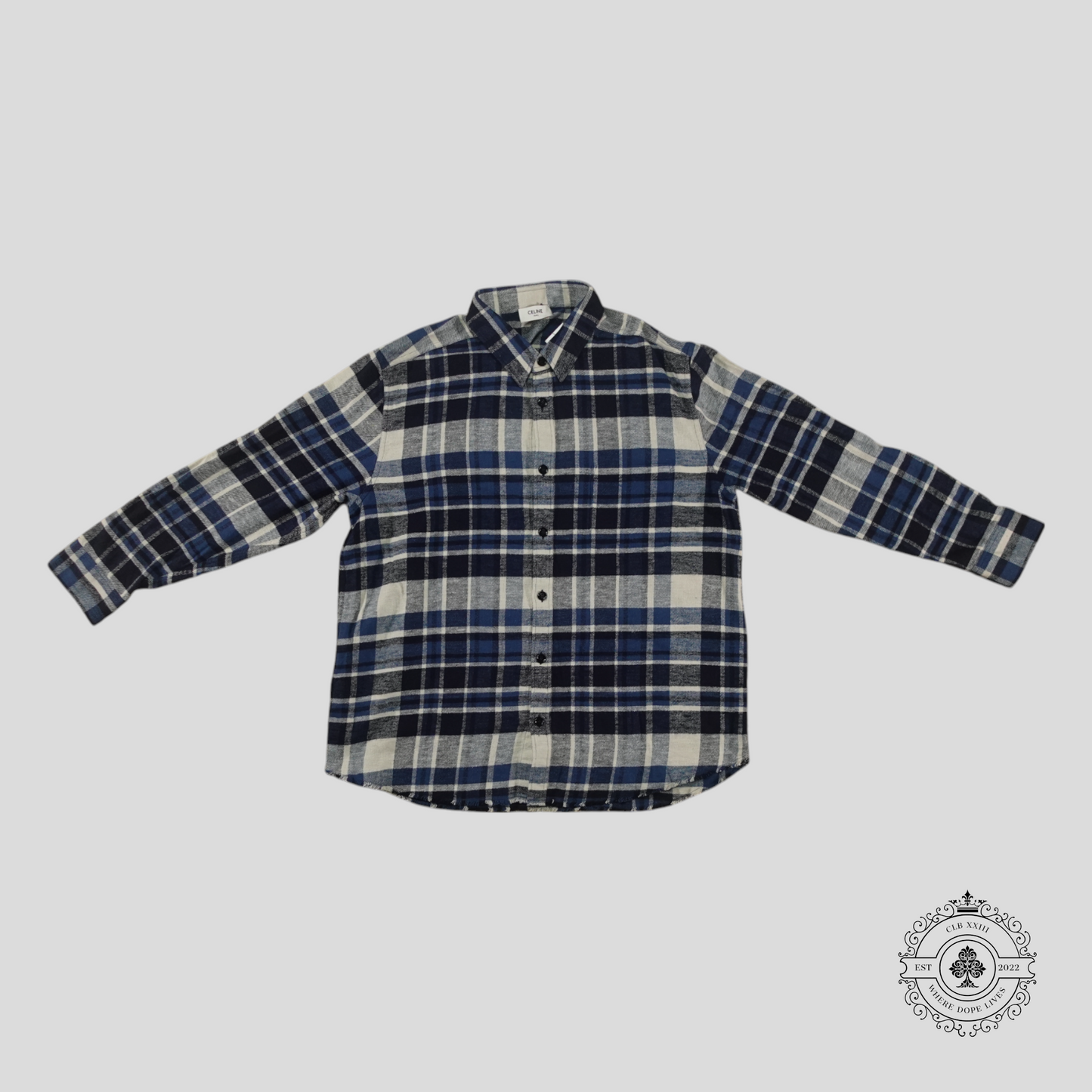 Celine Distressed Flannel Shirt in Blue