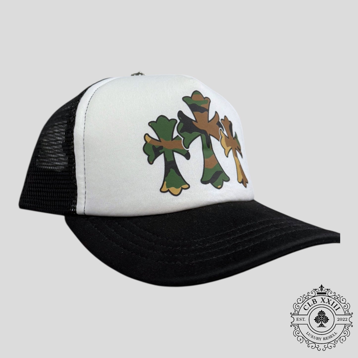 Chrome Hearts Triple Cross Trucker Hat in Black / Camo