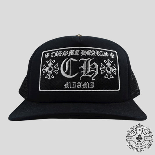Chrome Hearts Miami Exclusive CH Patch Trucker Hat in Black