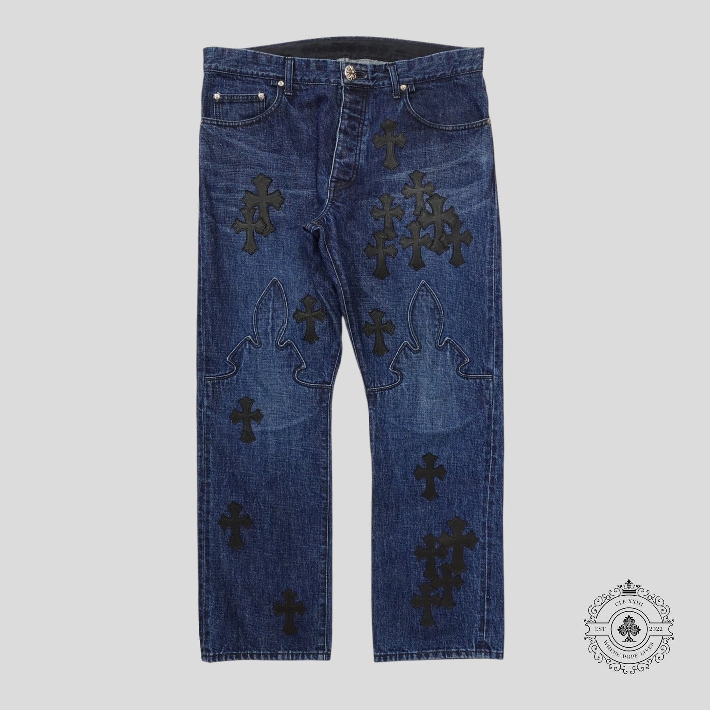Chrome Hearts Fleur Knee Cross Patch Jeans in Dark Wash/Black
