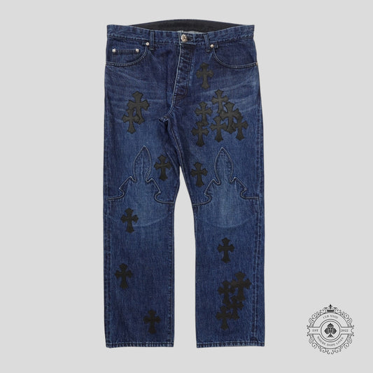 Chrome Hearts Fleur Knee Cross Patch Jeans in Dark Wash/Black