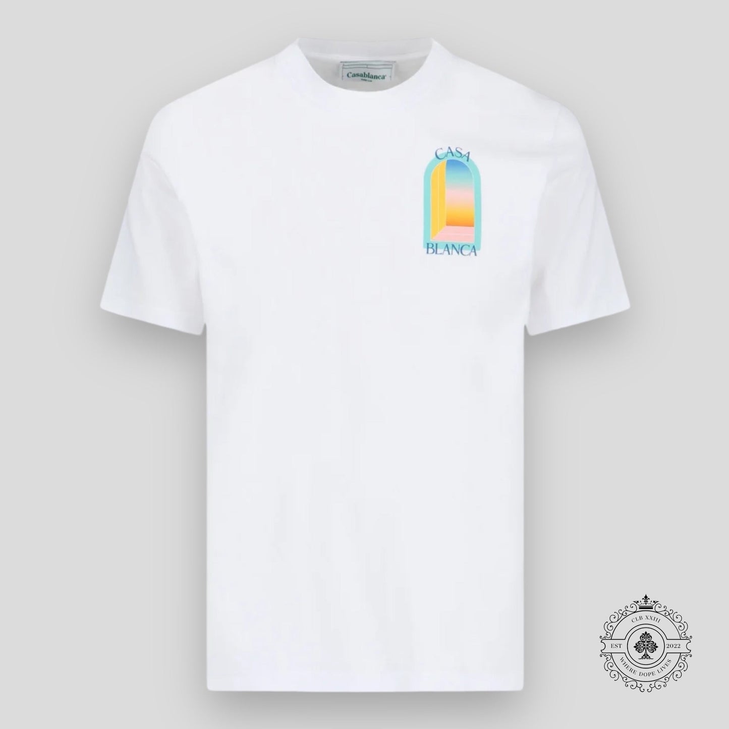 Casablanca Gradient Arch Logo Tee in White & Teal