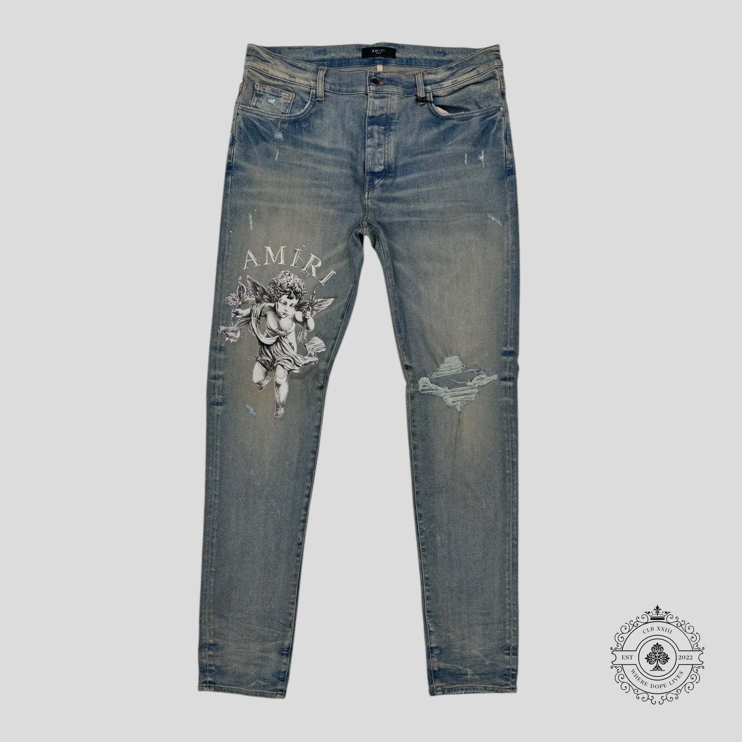 Amiri Cherub Print Jeans in Clay indigo