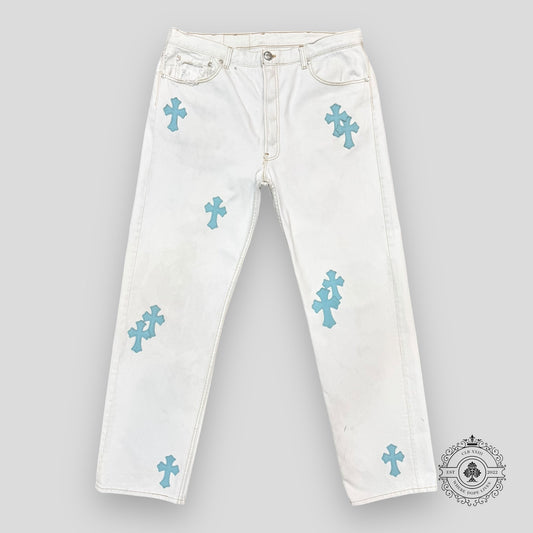 Chrome Hearts Cross Patch Jeans in White / Blue
