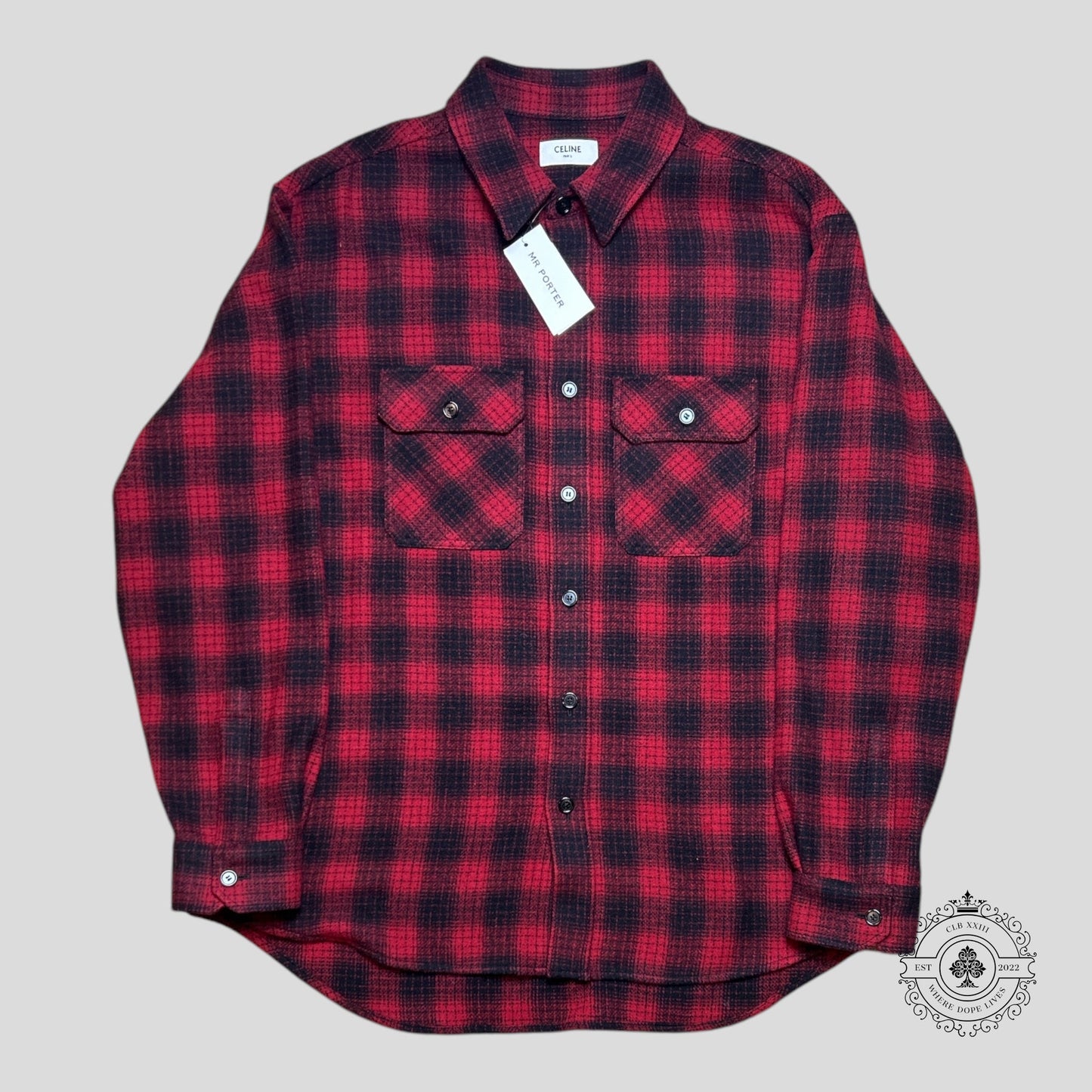 Celine Heavy Wool Flannel Oversized Shirt in Red/Black