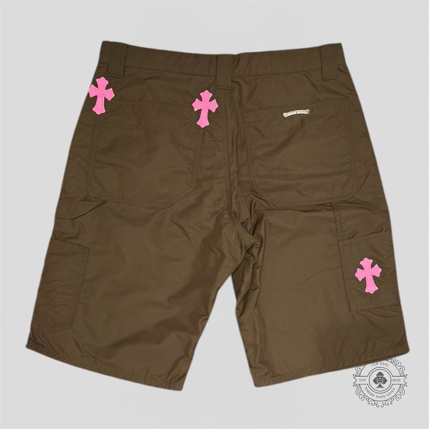 Chrome Hearts Leather Knee Nylon Shorts in Brown / Pink