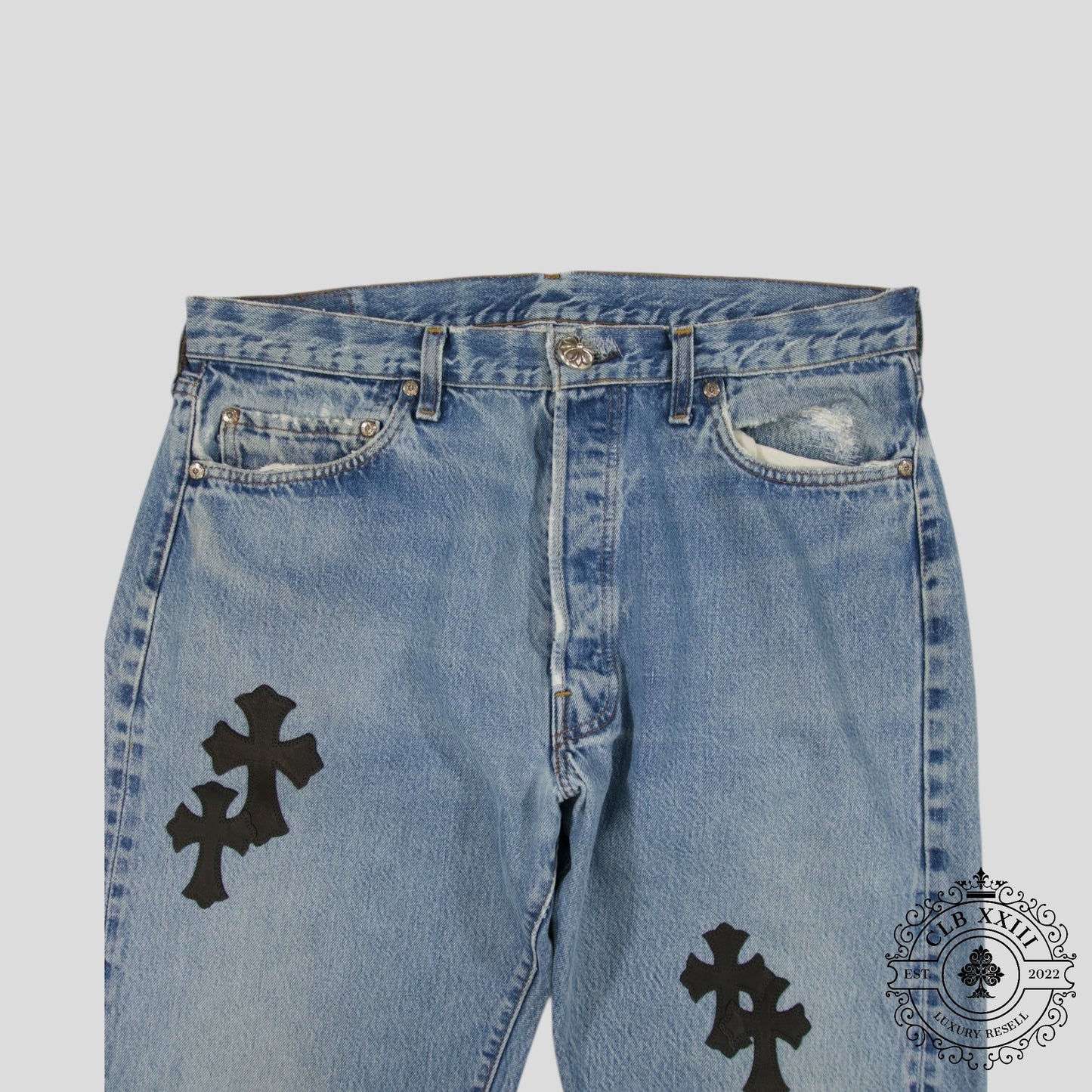 Chrome Hearts Cross Patch Levi 501 Red Line Jeans in Medium Wash/Black