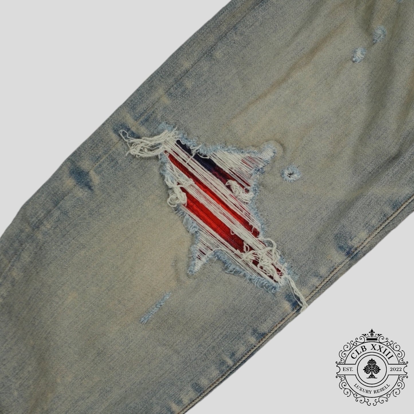 Amiri MX1 Plaid Patch Jeans in Clay Indigo/Red