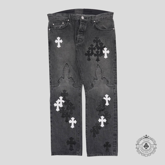 Chrome Hearts Fleur Knee Cross Patch Jeans in Black / White