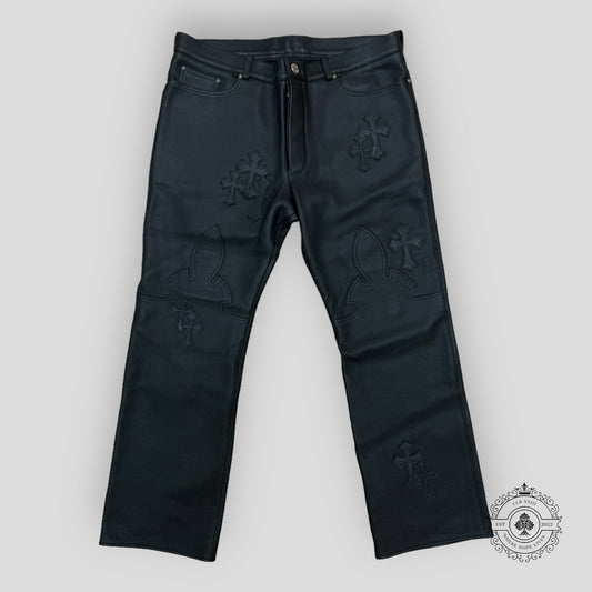 Chrome Hearts Fleur Knee Cross Patch Leather Pants