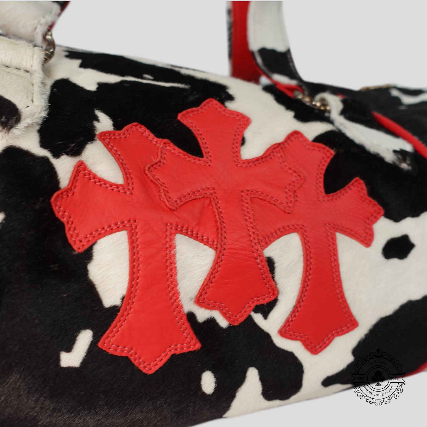 Chrome Hearts Cow Print Leather Cross Patch Mini Duffle Bag