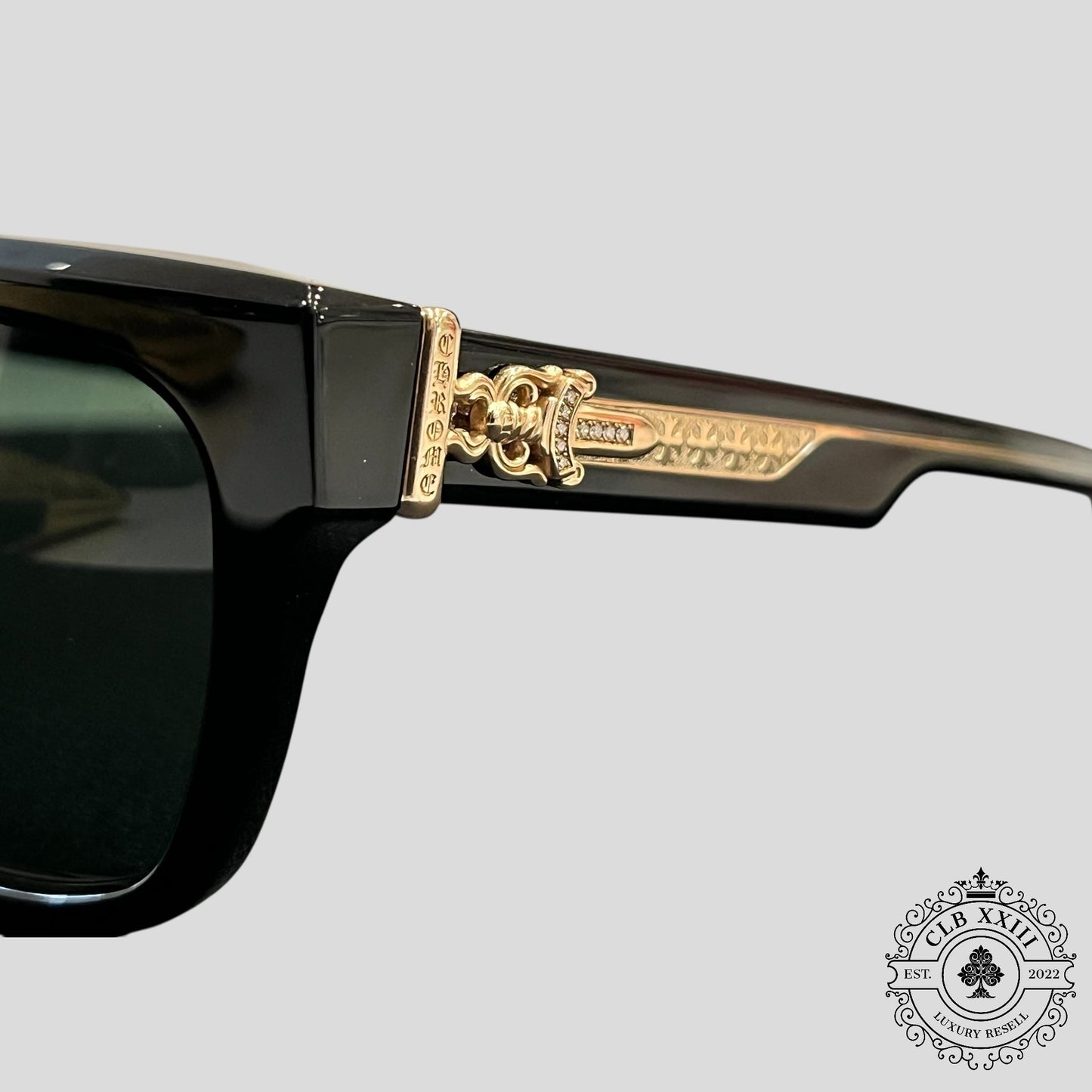 Chrome Hearts Diamond Embellished Box Officer Sunglasses in Black/Gold