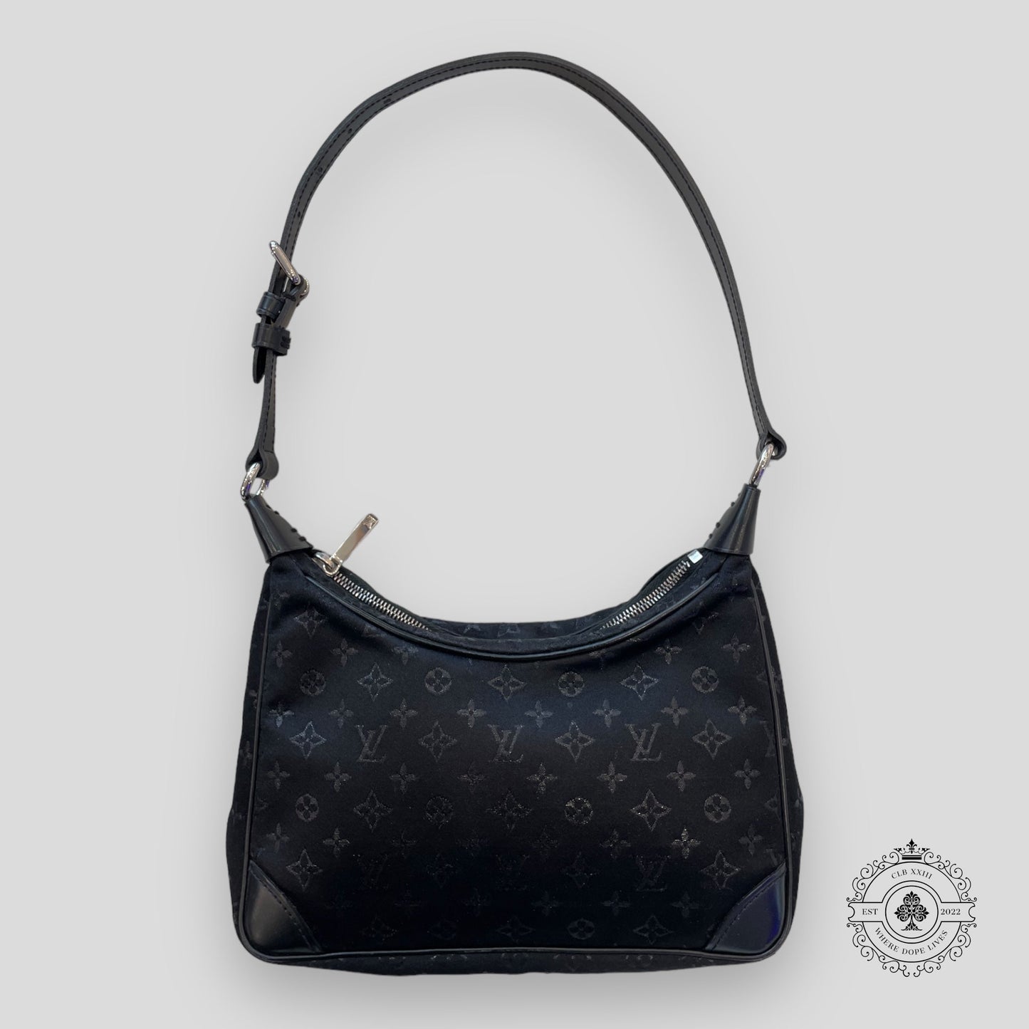 Louis Vuitton Small Black Satin & Leather Trim Monogram Boulogne Baguette