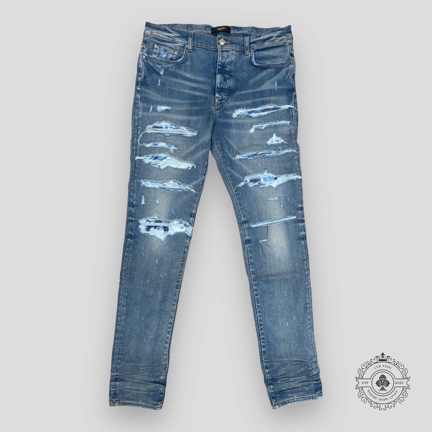 Amiri Tie Dye Bandana Thrasher Jeans in Clay Indigo