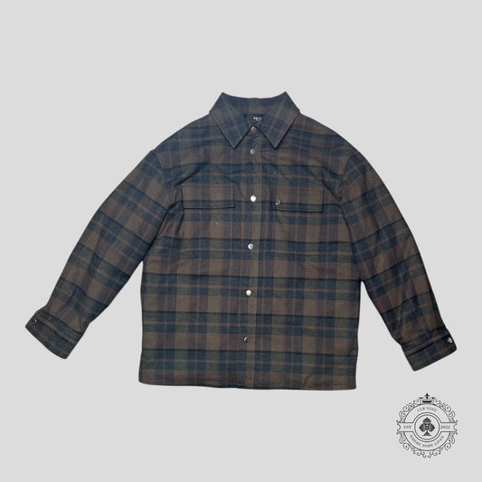 Amiri Plaid Padded Button Up Overshirt in Black/Brown
