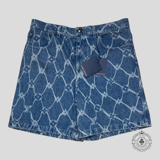 Louis Vuitton Fishnet Monogram Denim Shorts in Medium Wash