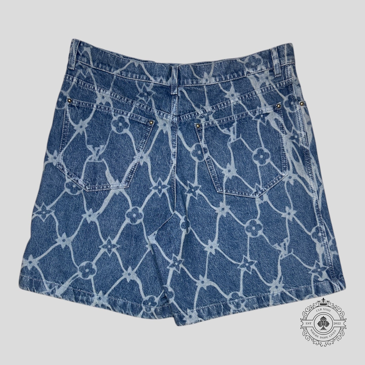 Louis Vuitton Fishnet Monogram Denim Shorts in Medium Wash