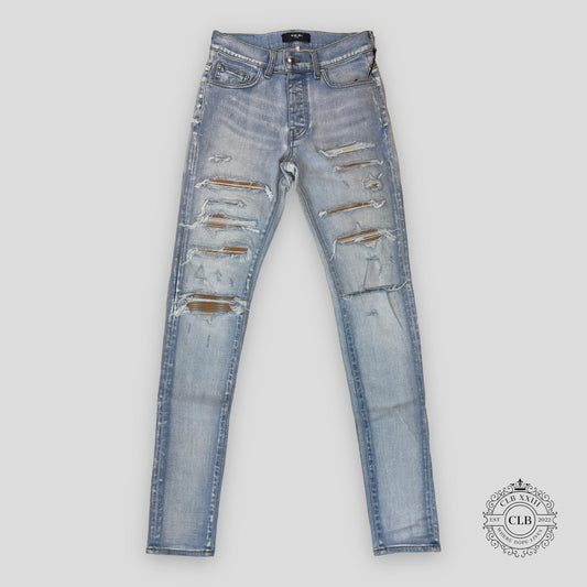 AMIRI PLAID THRASHER JEANS - LIGHT INDIGO/PEACH