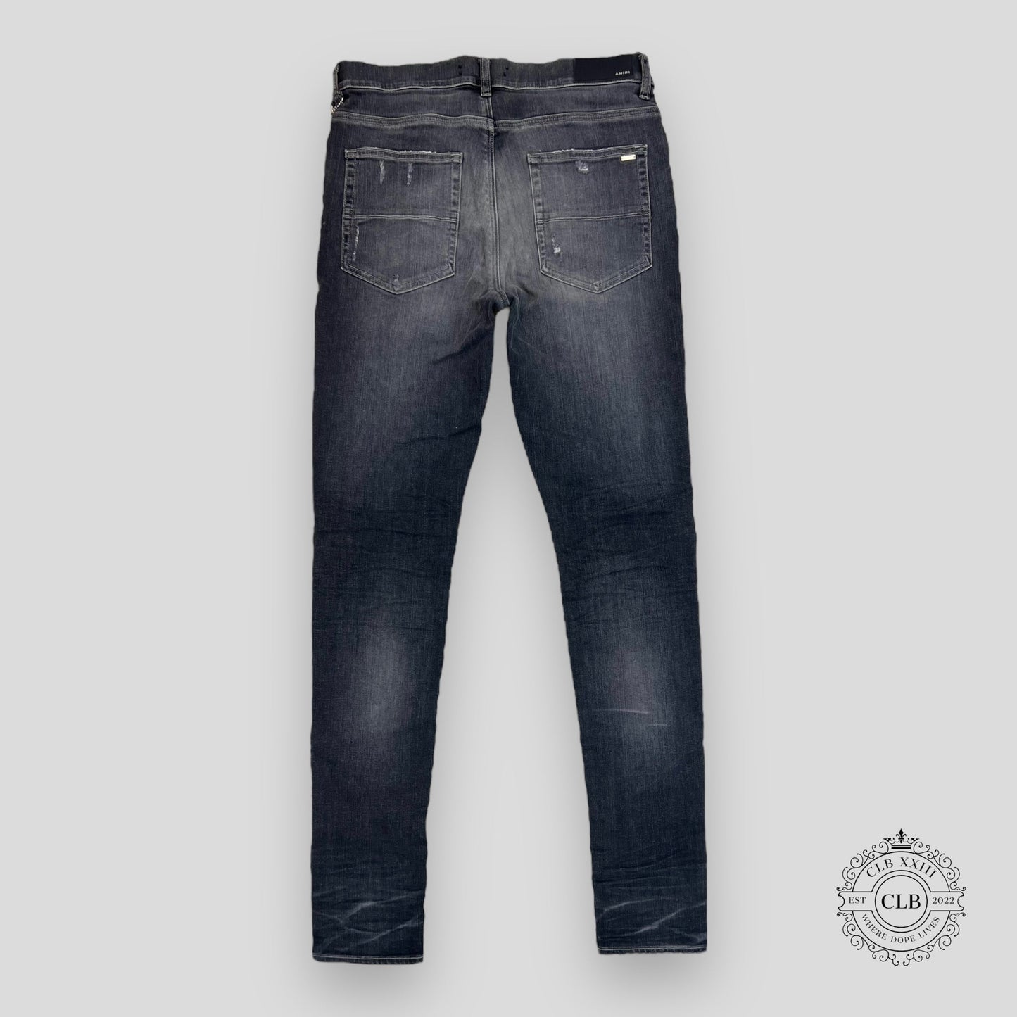 AMIRI MX1 BLACK LEATHER PATCH JEANS - GREY