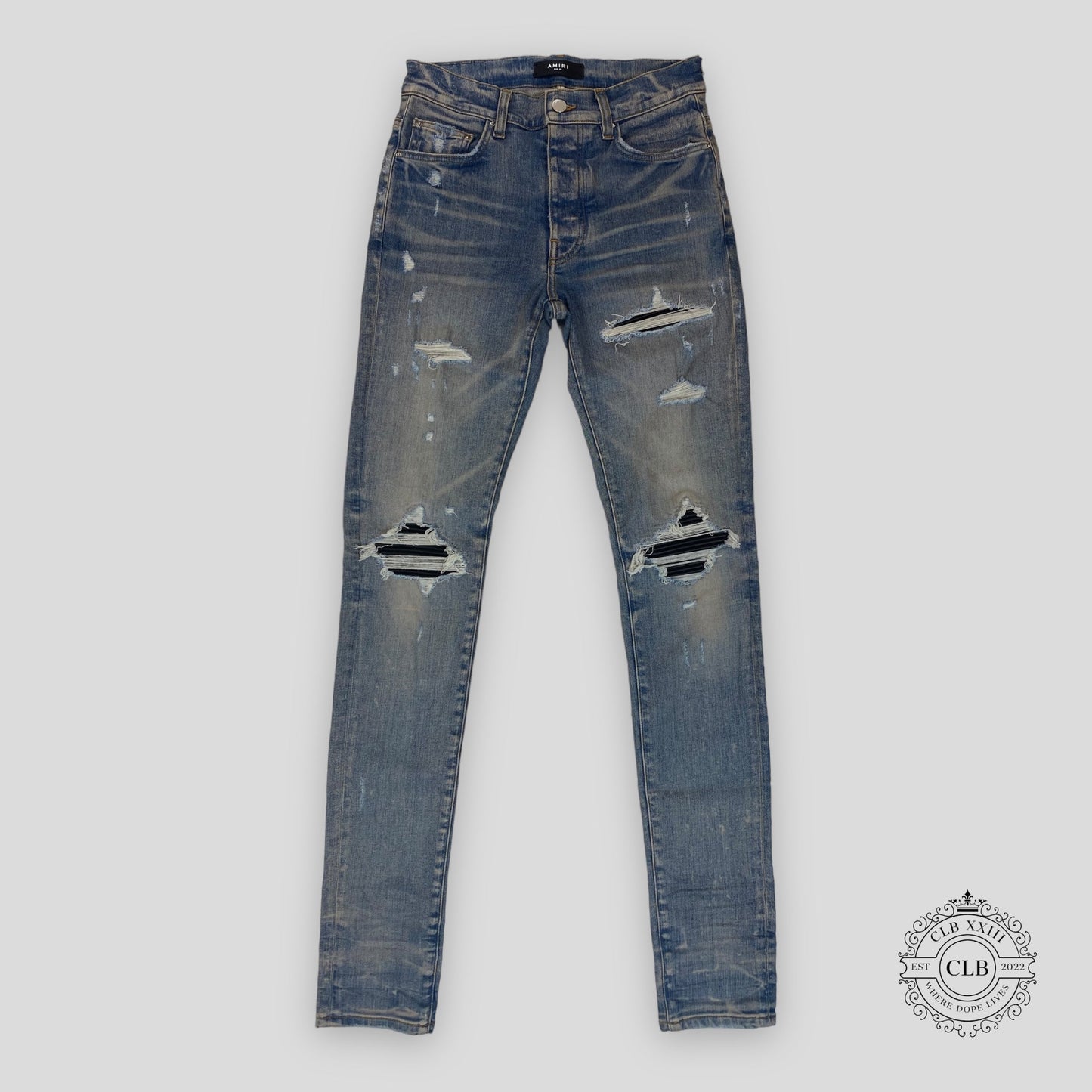 Amiri MX1 Black Leather Patch Jeans in Clay/Indigo